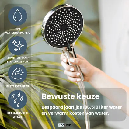 Pomme de douche EcoRain Charly 13 cm – Chrome – Avec Flexible - Economiseur d'eau